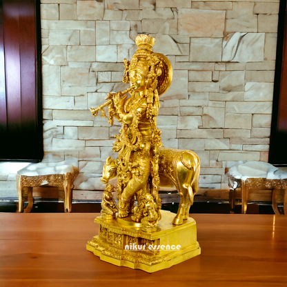 Large Krishna Gopala with cow Pure Brass idol - 28 Inches Nikuressence