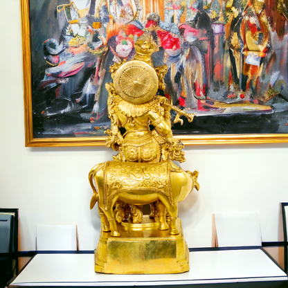 Large Krishna Gopala with cow Pure Brass idol - 28 Inches Nikuressence