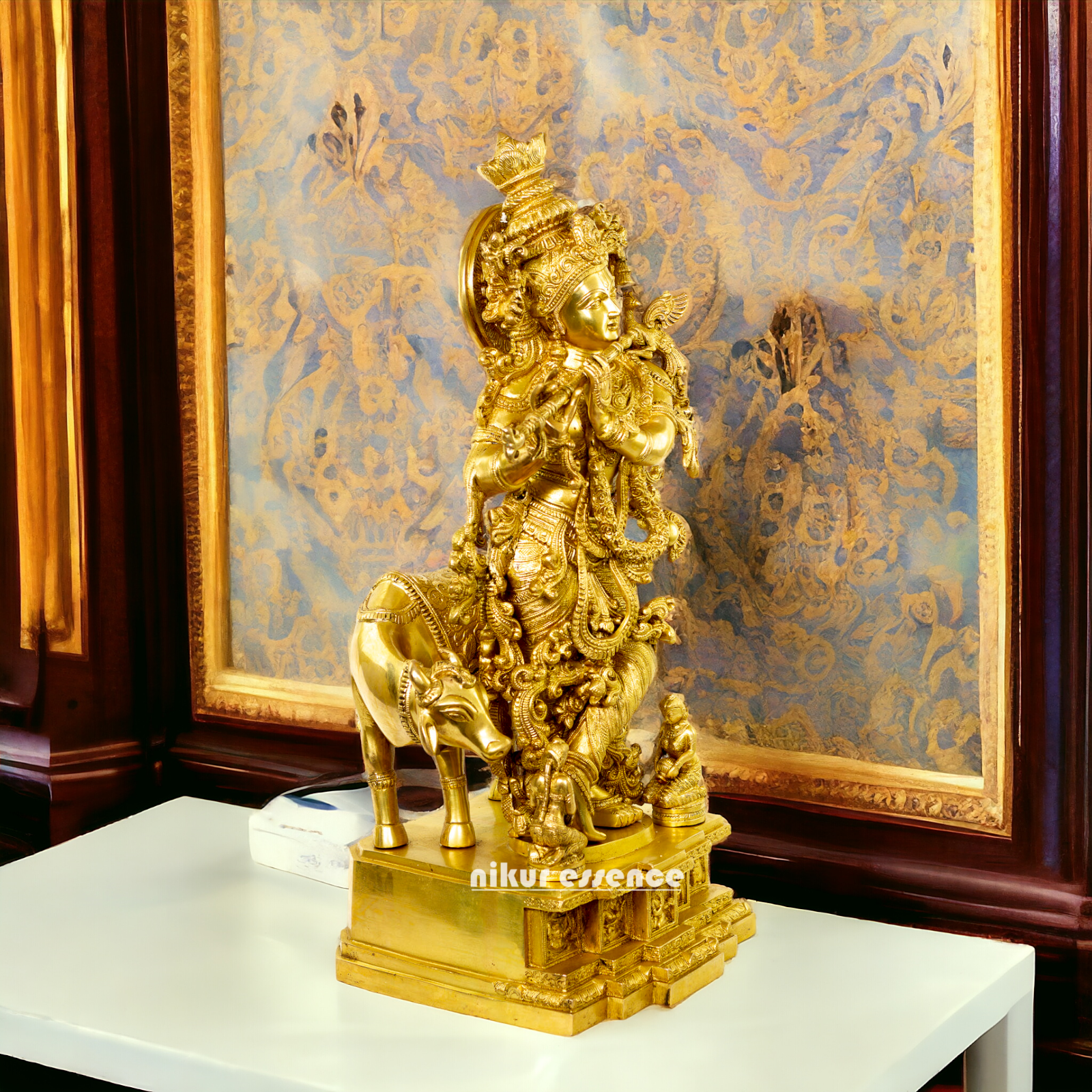 Large Krishna Gopala with cow Pure Brass idol - 28 Inches Nikuressence