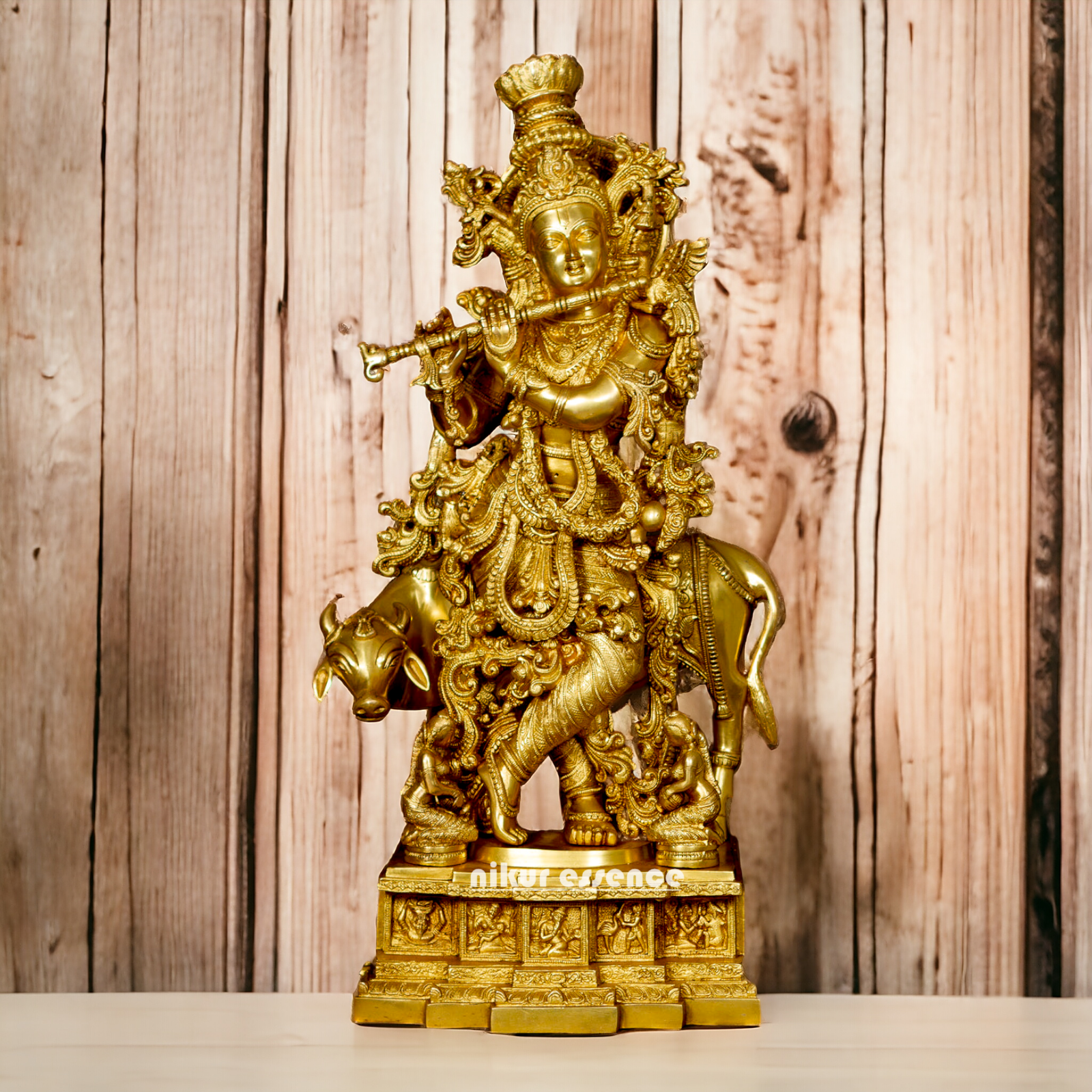 Large Krishna Gopala with cow Pure Brass idol - 28 Inches Nikuressence