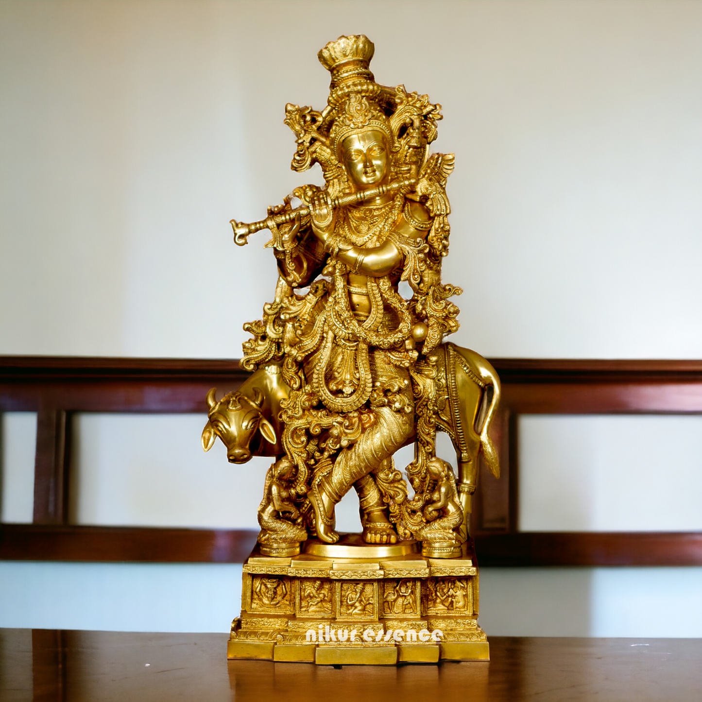 Large Krishna Gopala with cow Pure Brass idol - 28 Inches Nikuressence