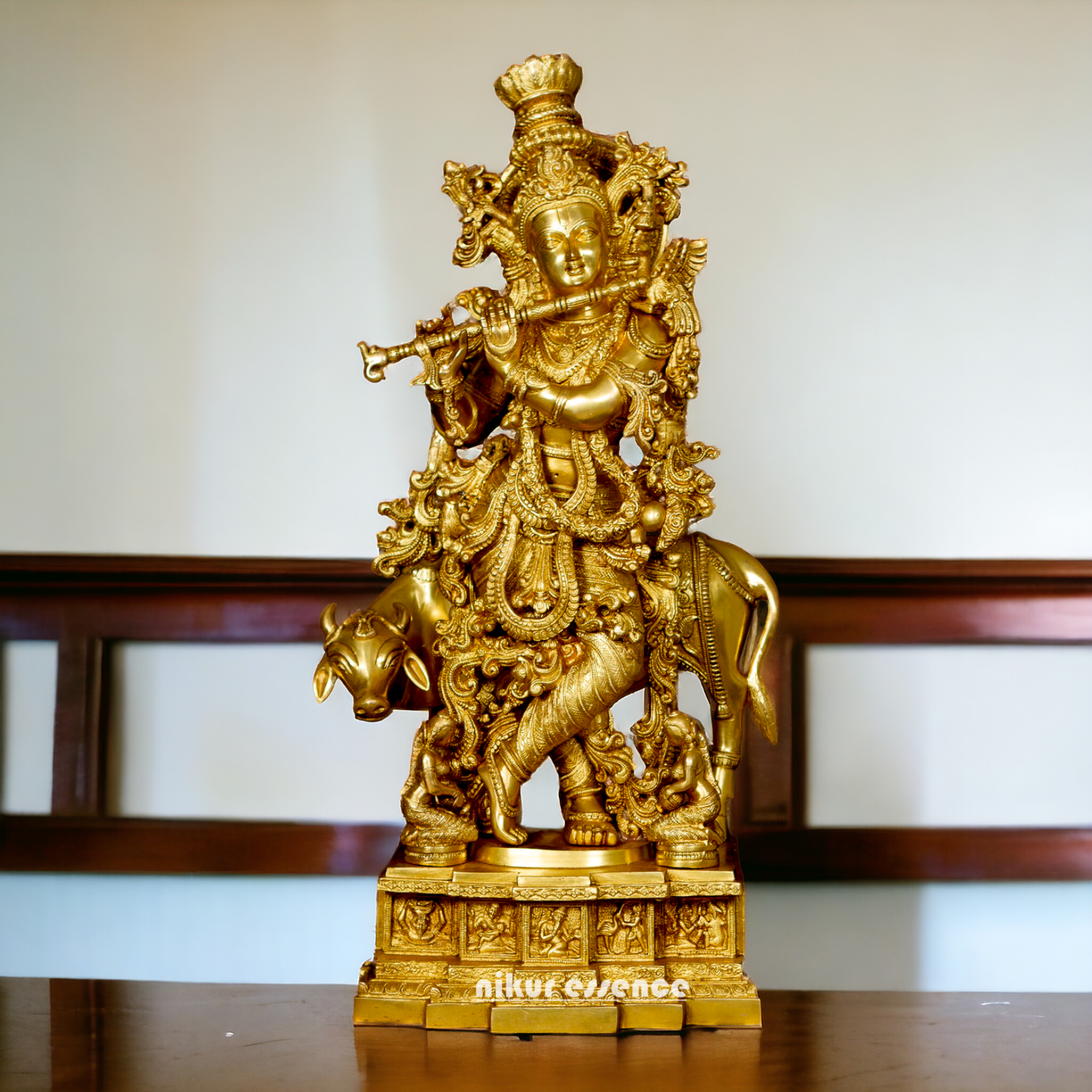Large Krishna Gopala with cow Pure Brass idol - 28 Inches Nikuressence