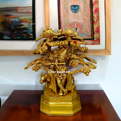 Antique Brass Krishna with tree idol - 9 Inches Nikuressence
