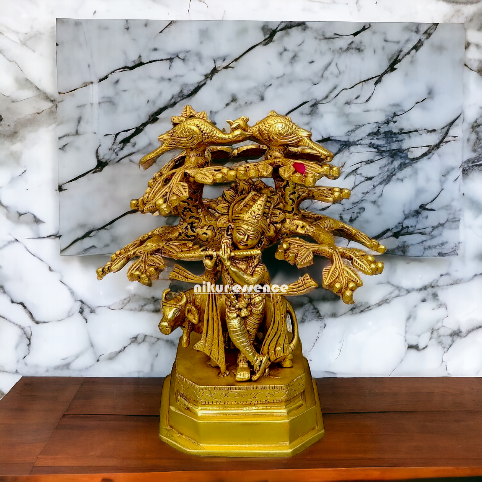 Antique Brass Krishna with tree idol - 9 Inches Nikuressence