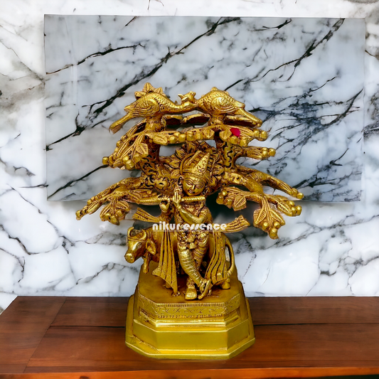 Antique Brass Krishna with tree idol - 9 Inches Nikuressence