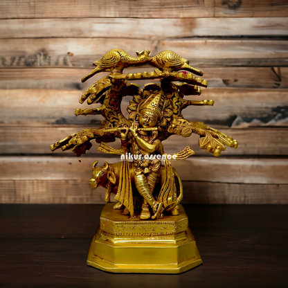 Antique Brass Krishna with tree idol - 9 Inches Nikuressence