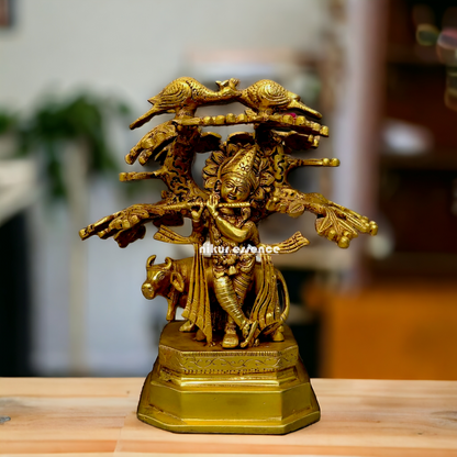 Antique Brass Krishna with tree idol - 9 Inches Nikuressence