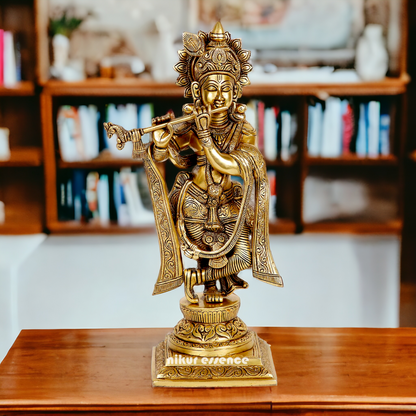 Lord Krishna Govind Standing Playing Flute Solid Braas statue - 13.5 Inches Nikuressence