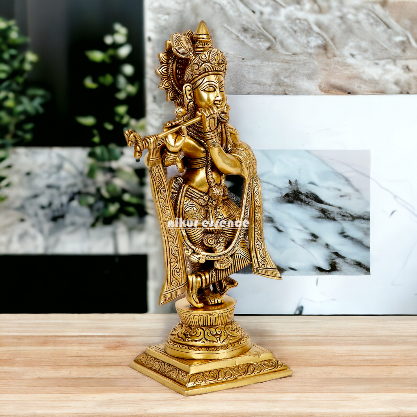 Lord Krishna Govind Standing Playing Flute Solid Braas statue - 13.5 Inches Nikuressence