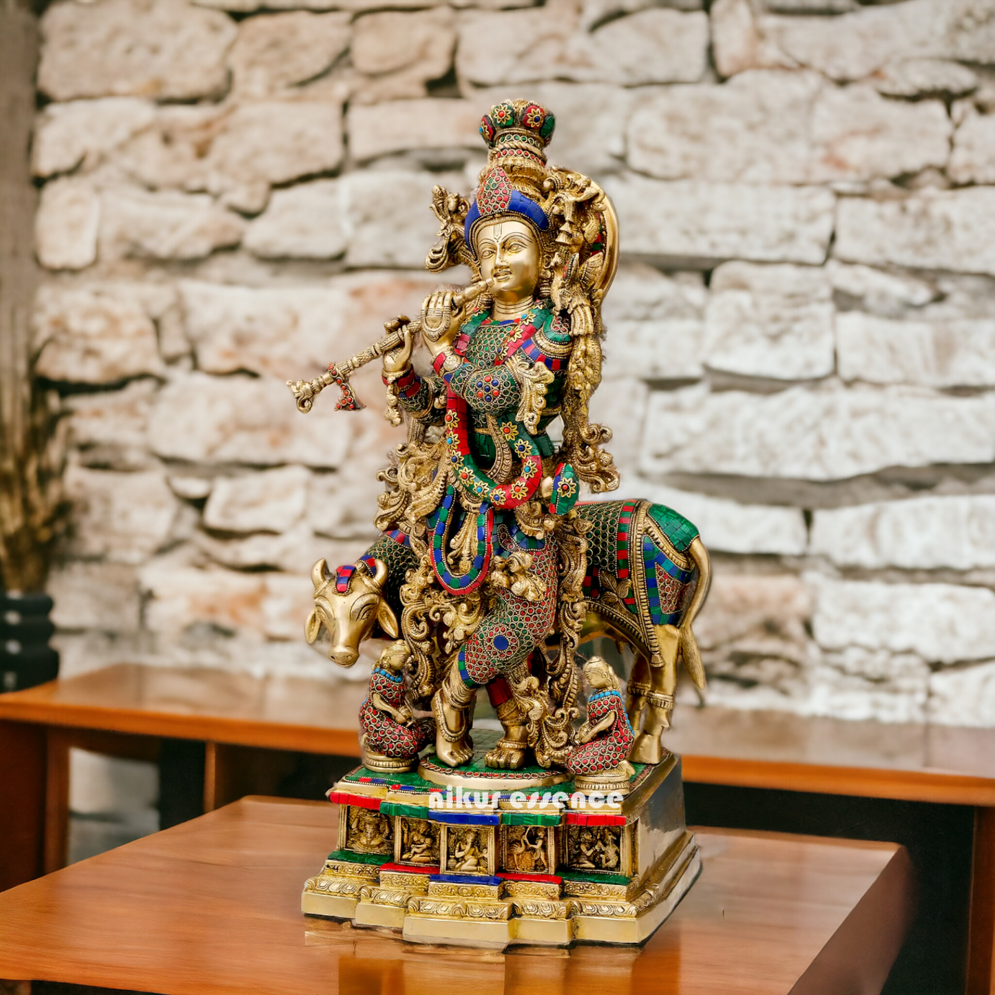 Big Krishna Govind Cow with Stone Work Statue - 29 Inches Nikuressence