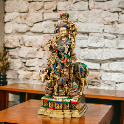 Big Krishna Govind Cow with Stone Work Statue - 29 Inches Nikuressence