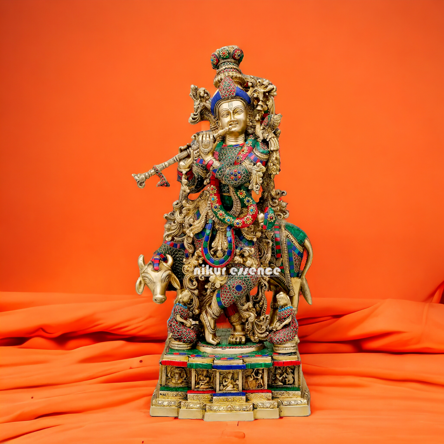 Big Krishna Govind Cow with Stone Work Statue - 29 Inches Nikuressence