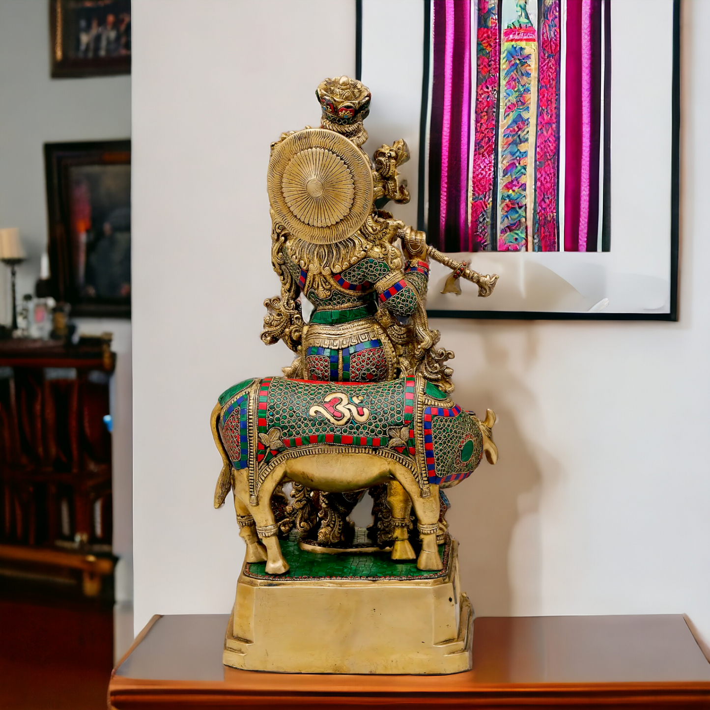 Big Krishna Govind Cow with Stone Work Statue - 29 Inches Nikuressence