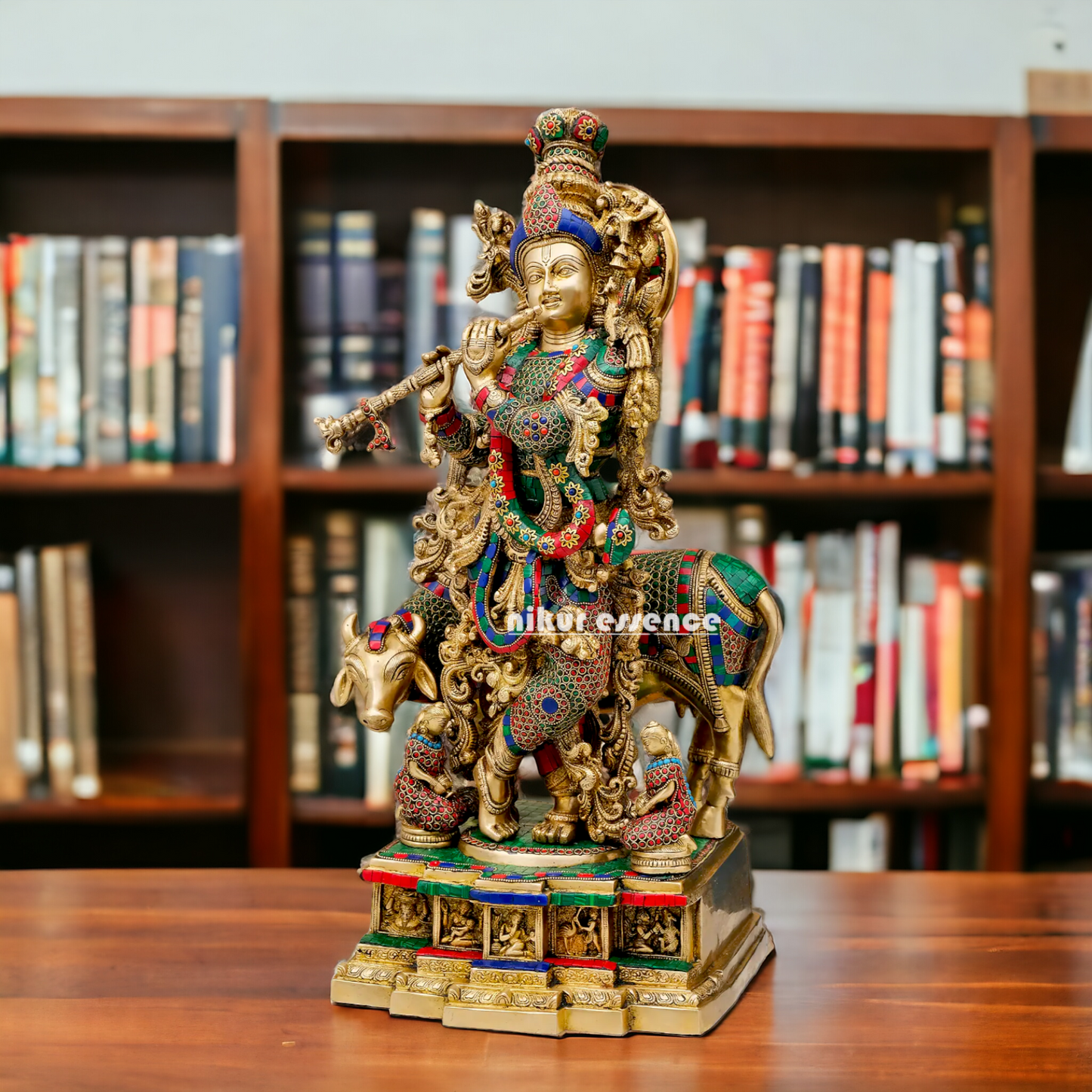 Big Krishna Govind Cow with Stone Work Statue - 29 Inches Nikuressence