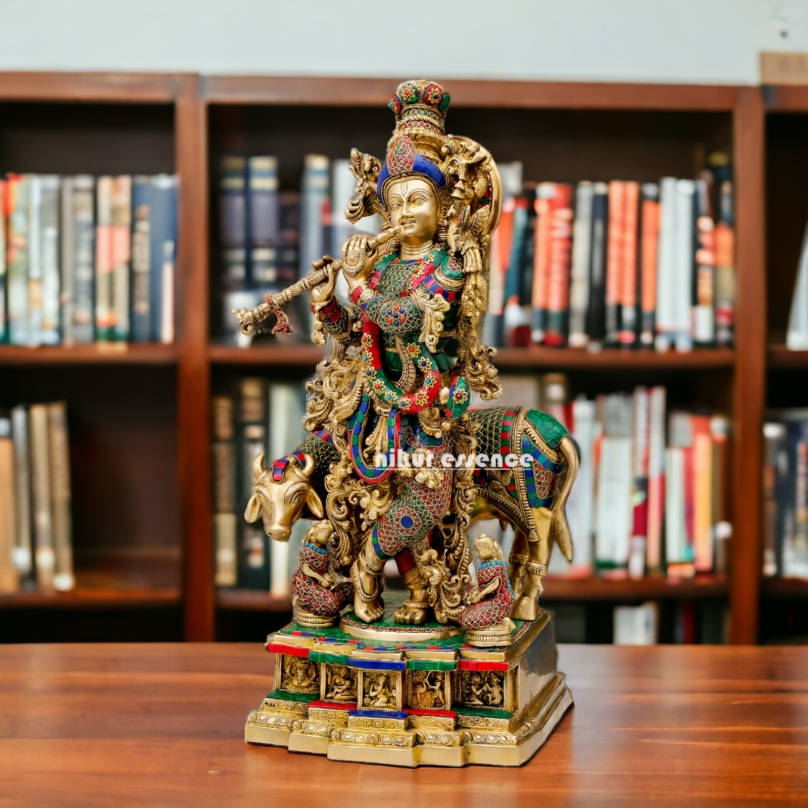 Big Krishna Govind Cow with Stone Work Statue - 29 Inches Nikuressence