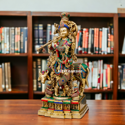 Big Krishna Govind Cow with Stone Work Statue - 29 Inches Nikuressence