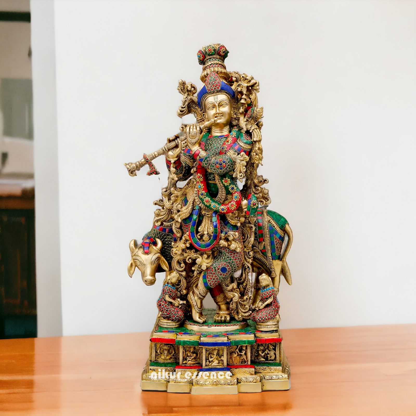 Big Krishna Govind Cow with Stone Work Statue - 29 Inches Nikuressence