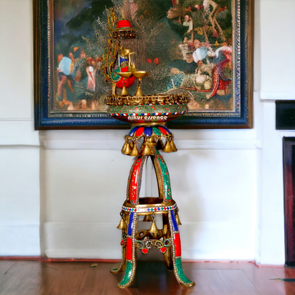 Large Peacock Urli with Bells Stone Work - 41 Inches Nikuressence