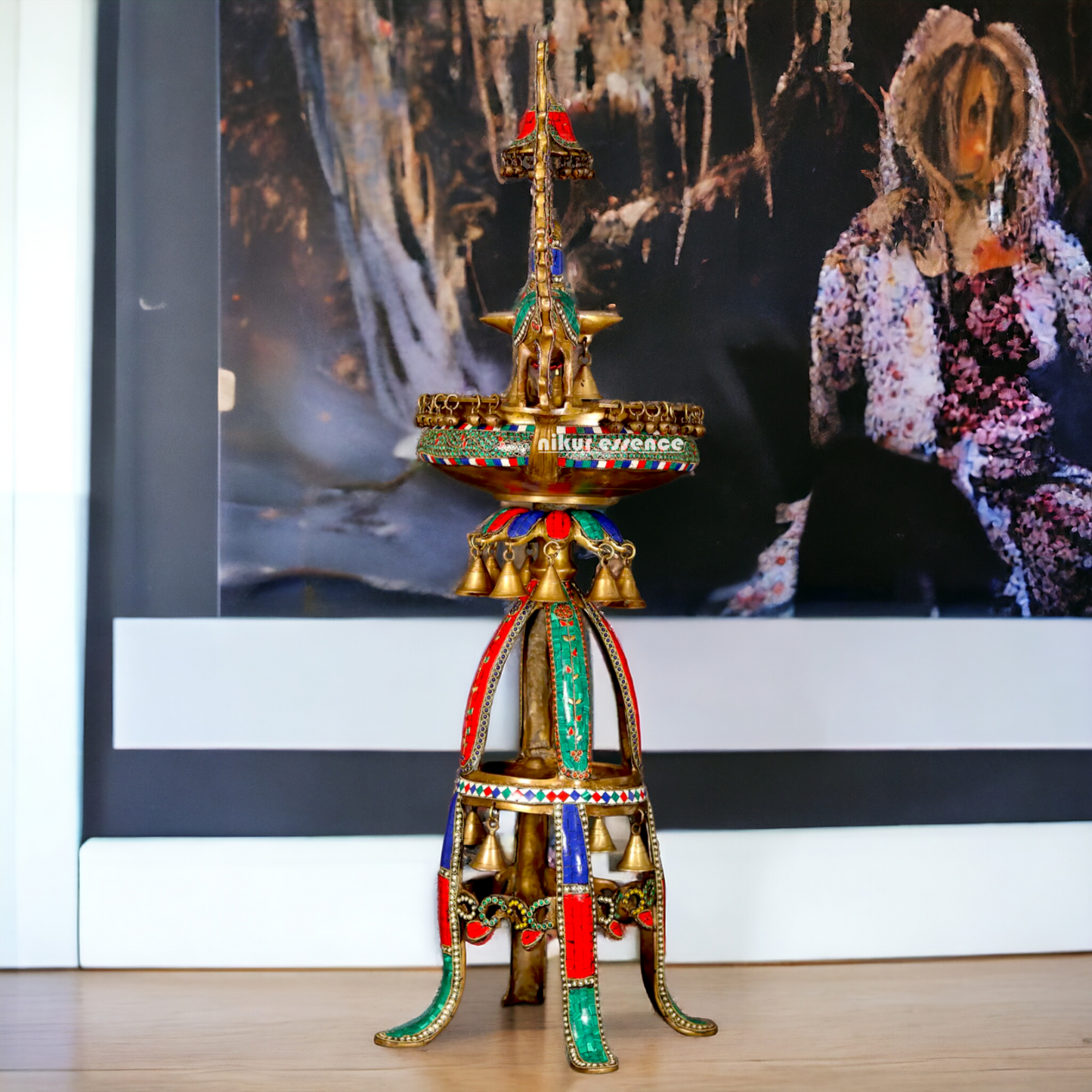 Large Peacock Urli with Bells Stone Work - 41 Inches Nikuressence