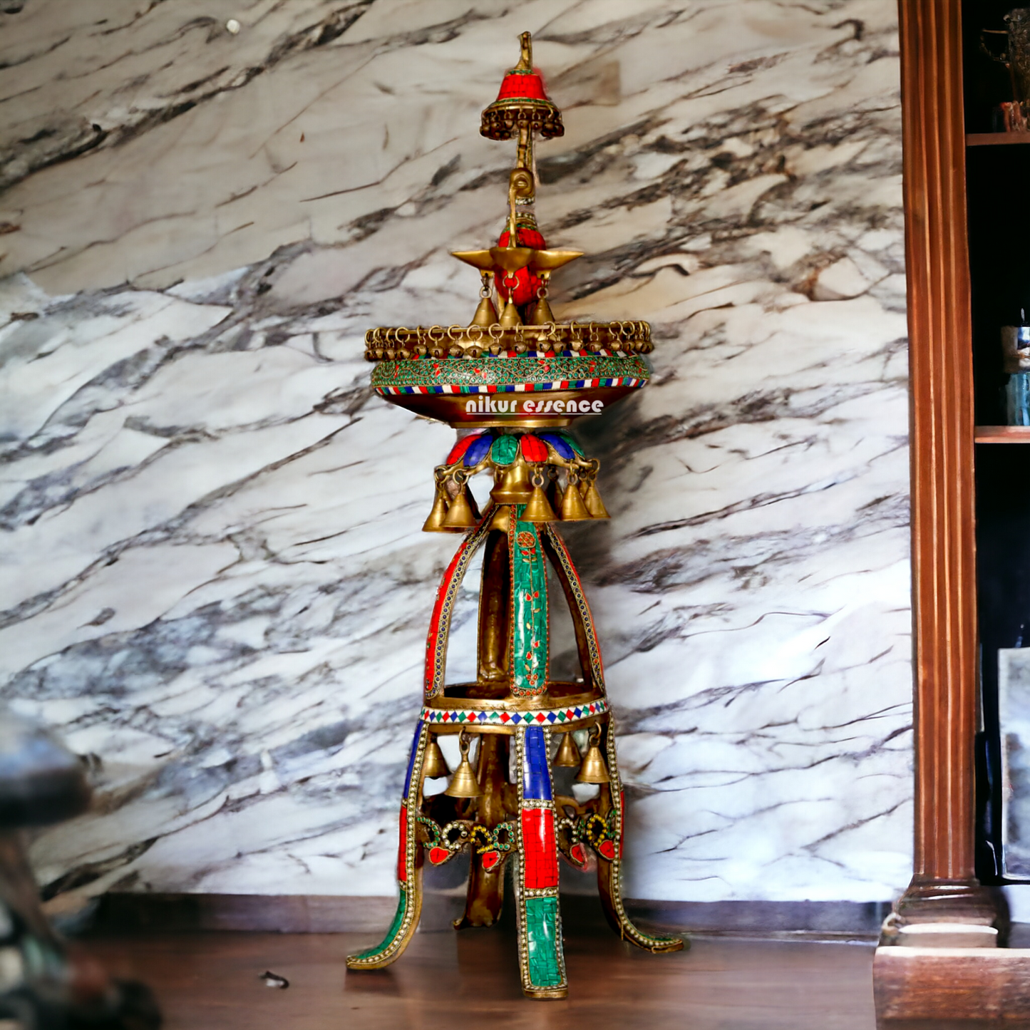 Large Peacock Urli with Bells Stone Work - 41 Inches Nikuressence