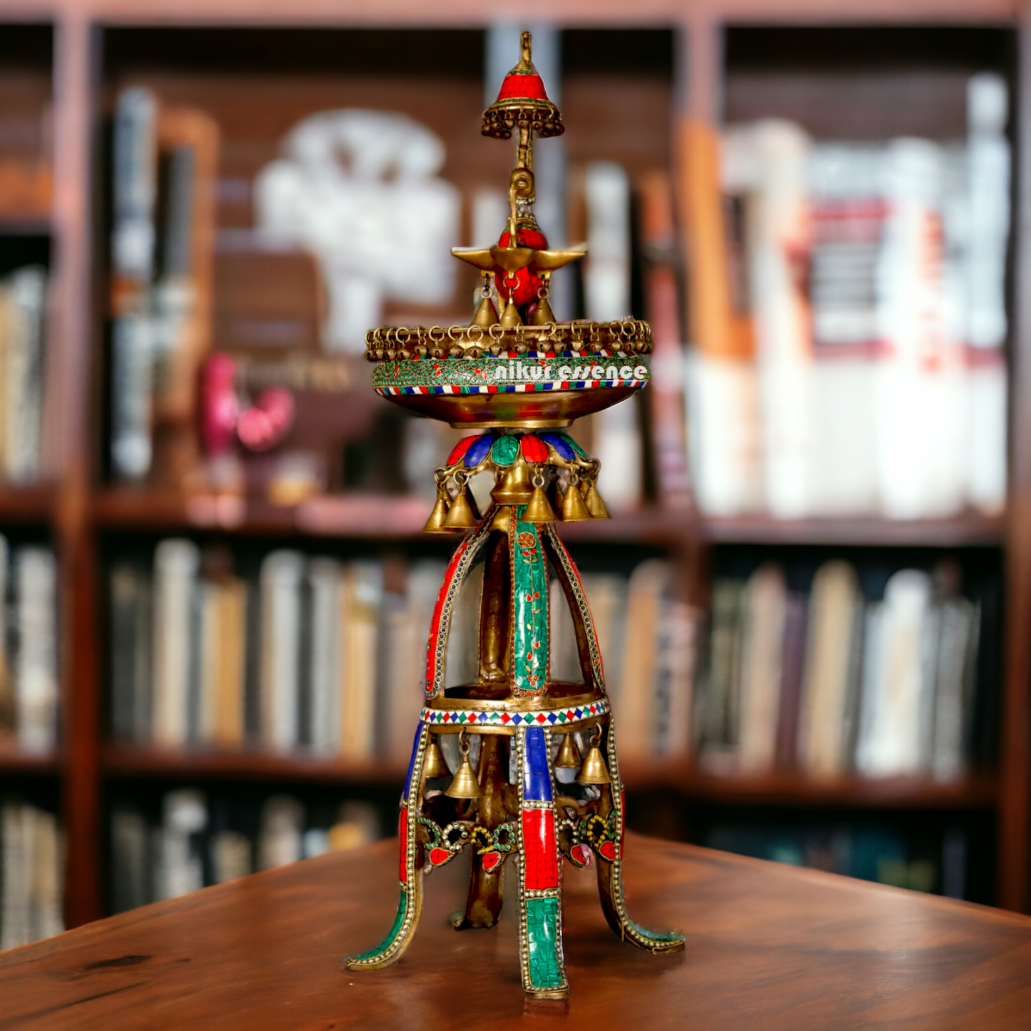 Large Peacock Urli with Bells Stone Work - 41 Inches Nikuressence