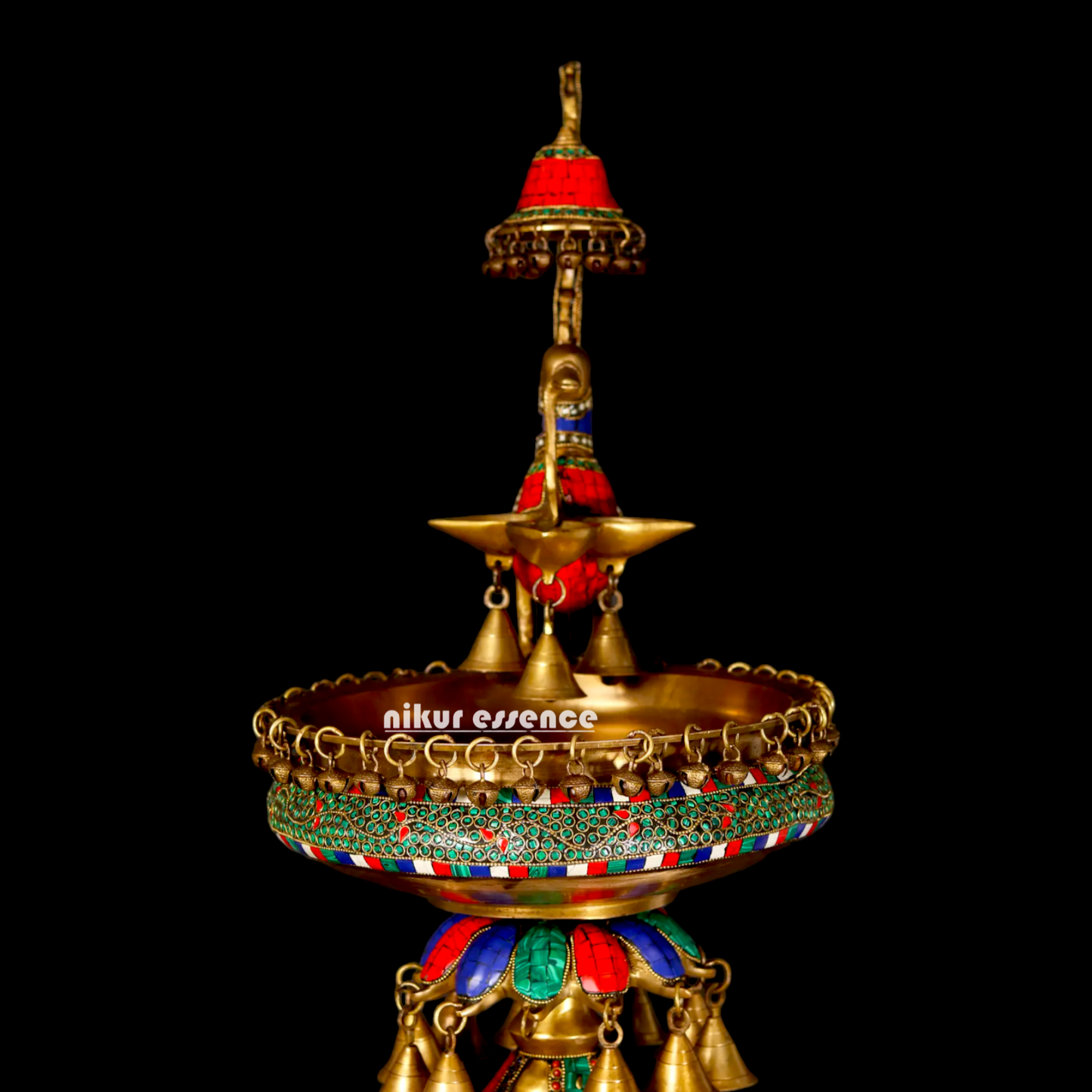 Large Peacock Urli with Bells Stone Work - 41 Inches Nikuressence