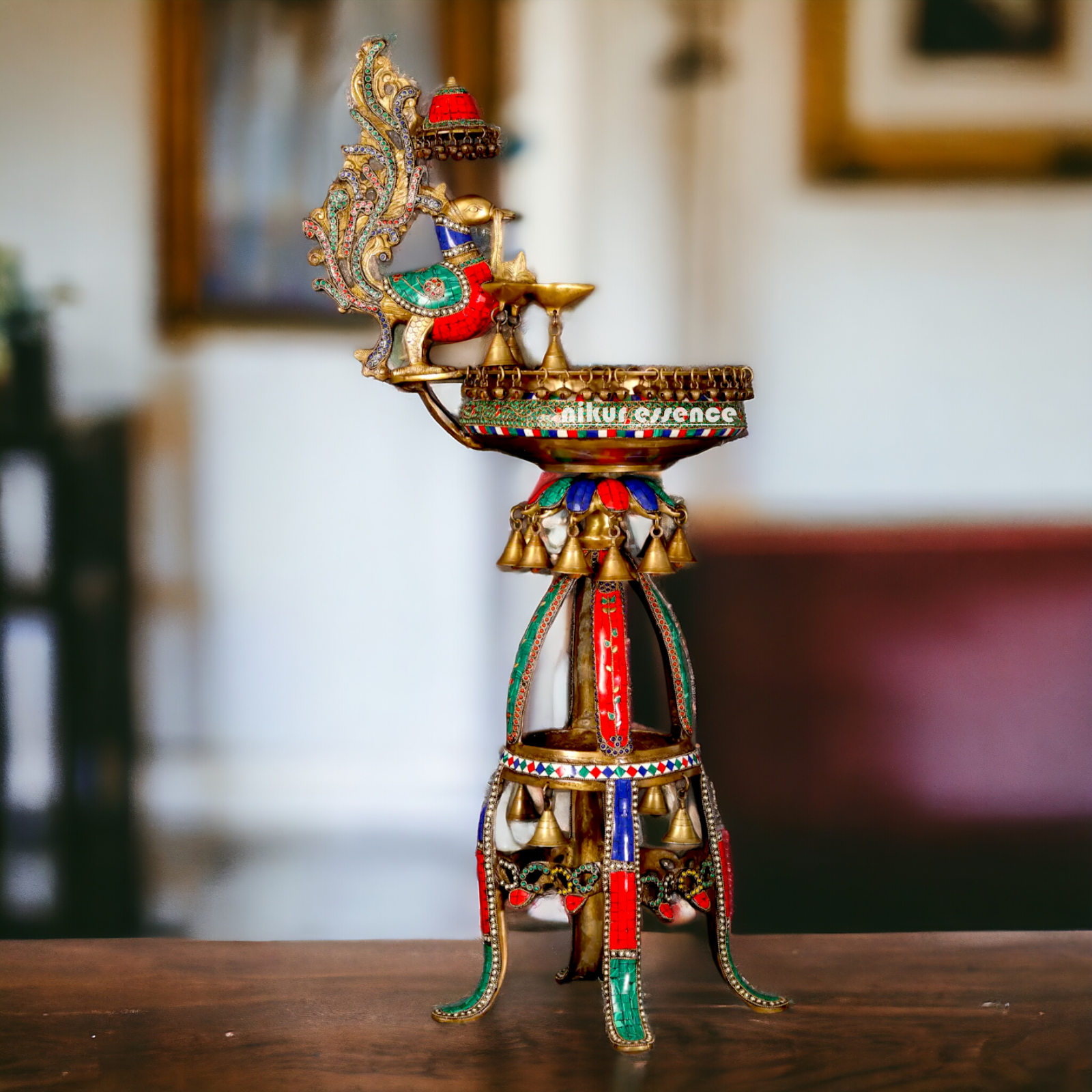 Large Peacock Urli with Bells Stone Work - 41 Inches Nikuressence