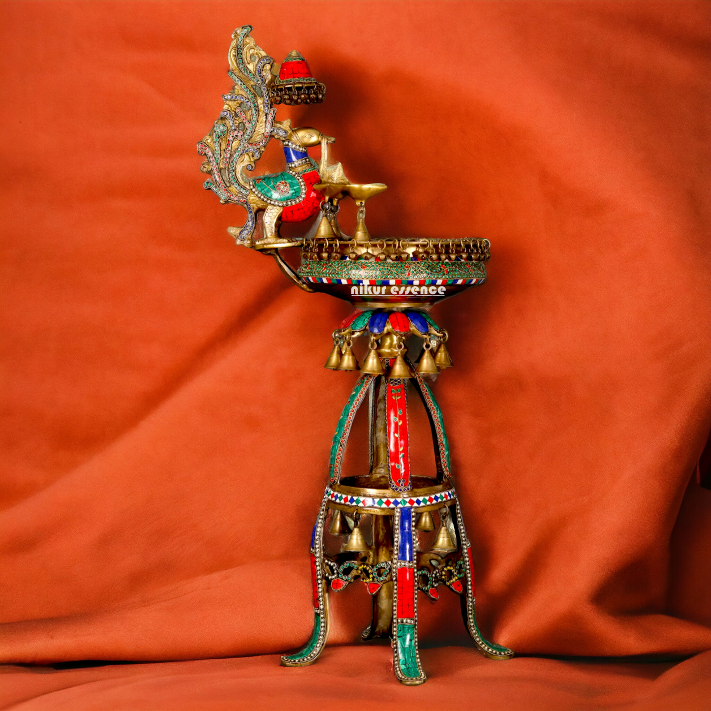 Large Peacock Urli with Bells Stone Work - 41 Inches Nikuressence