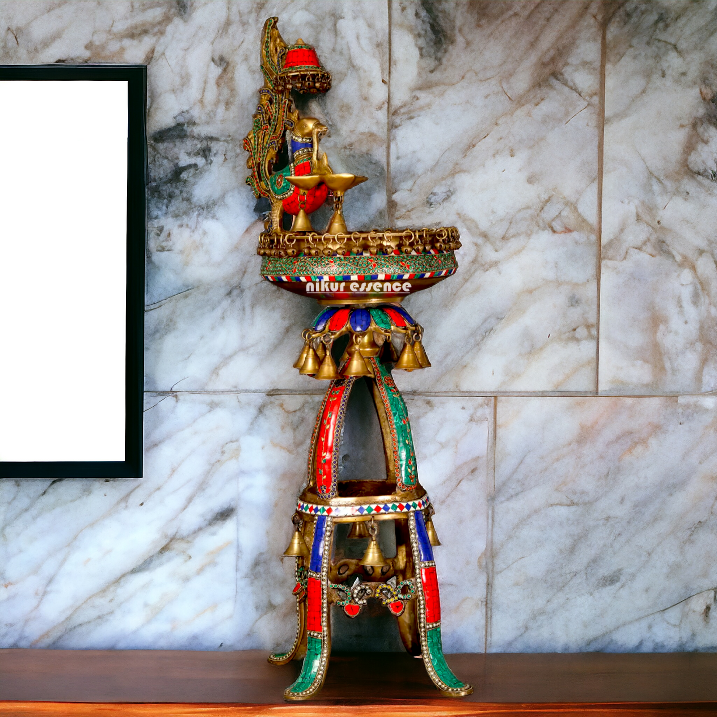 Large Peacock Urli with Bells Stone Work - 41 Inches Nikuressence