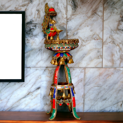 Large Peacock Urli with Bells Stone Work - 41 Inches Nikuressence