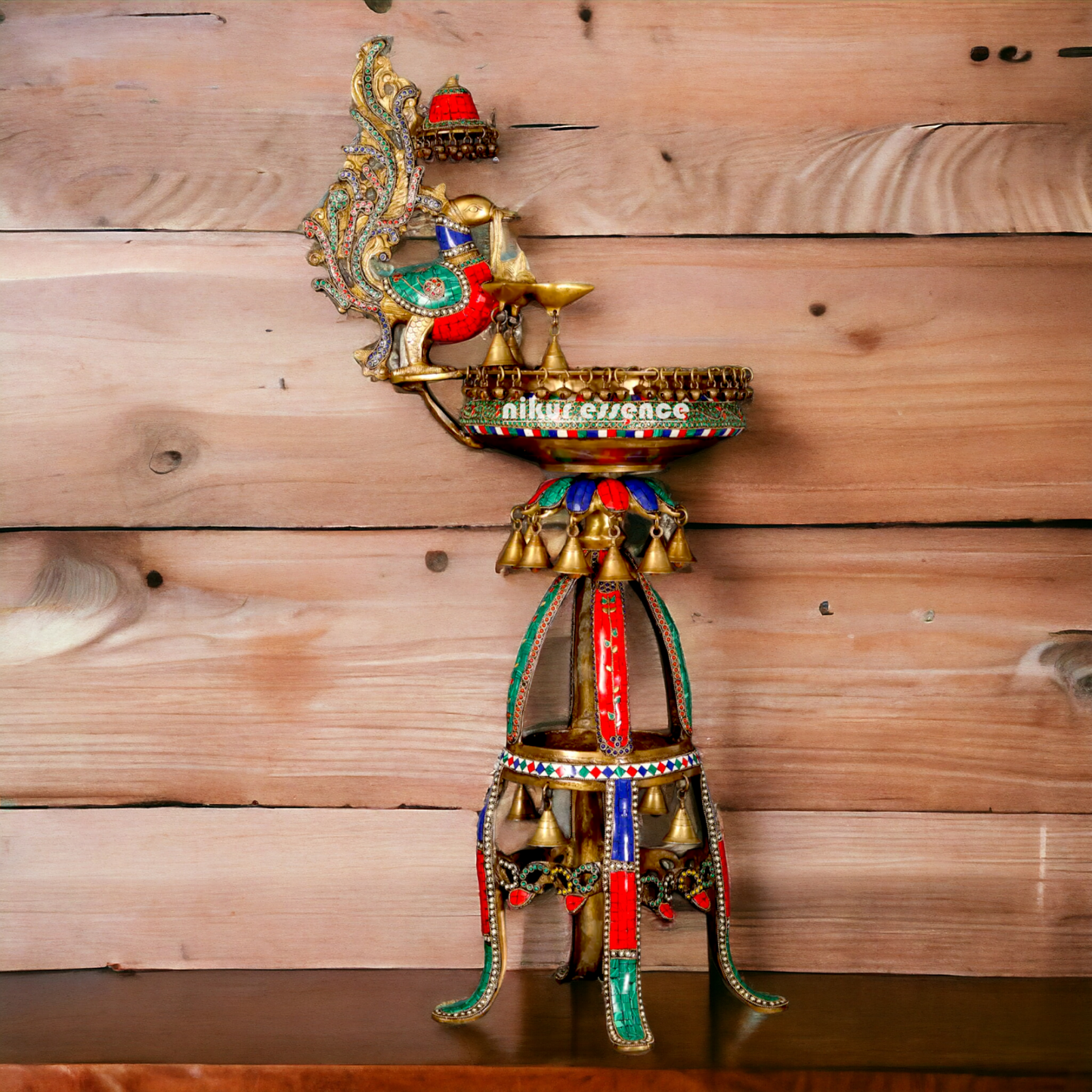 Large Peacock Urli with Bells Stone Work - 41 Inches Nikuressence