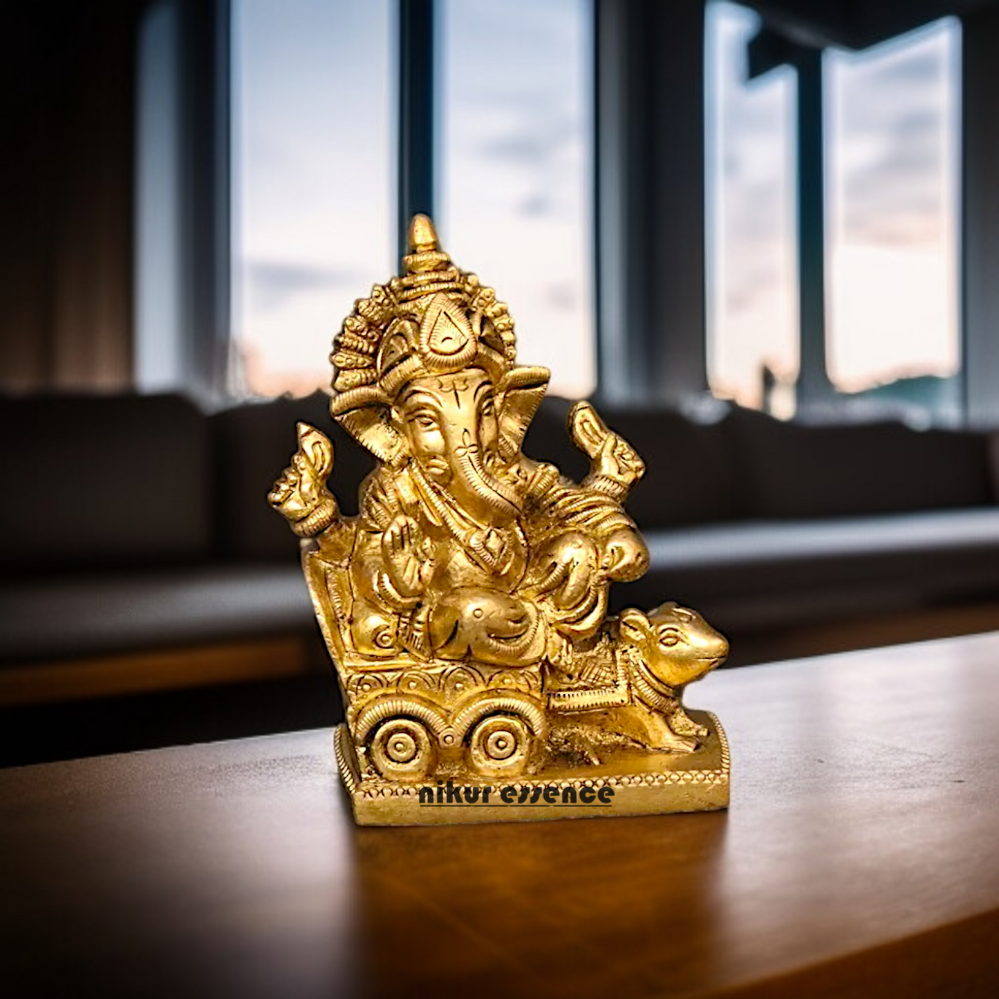 Solid Brass Ganesha riding on rat ganpati statue - 3.75 inches Nikuressence