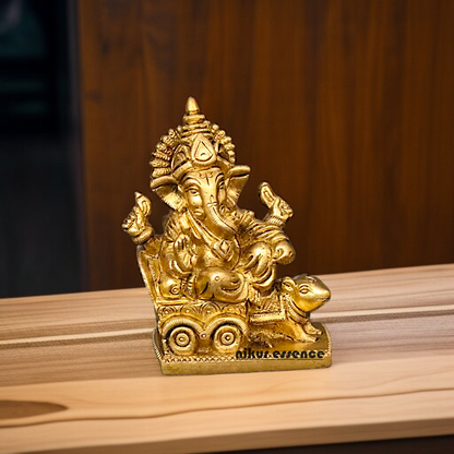 Solid Brass Ganesha riding on rat ganpati statue - 3.75 inches Nikuressence