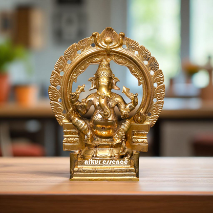 Lord Ganesha Ganpati seated on kirtimukha throne Bronze/Panchaloha idol - 4 Inches Nikuressence