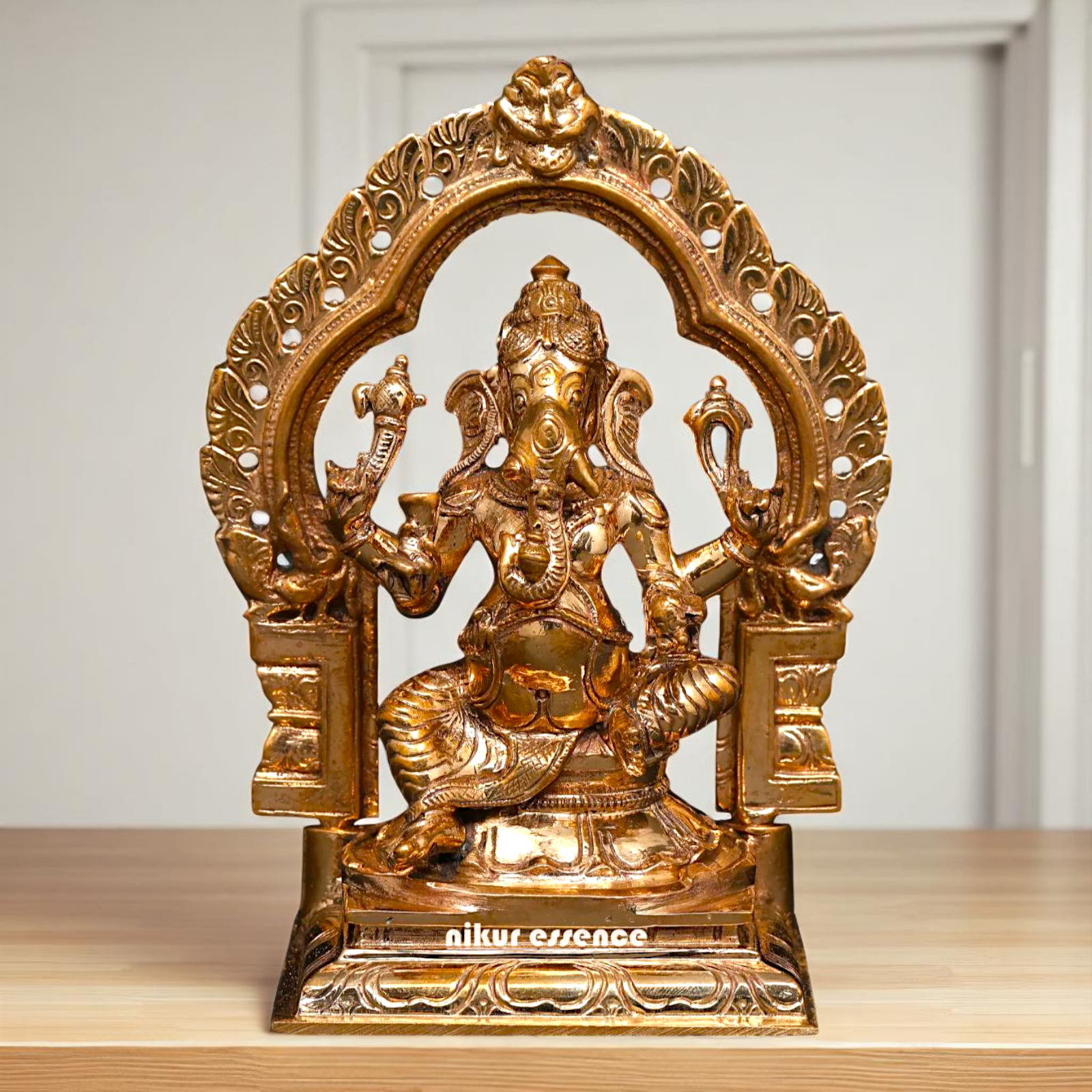 Bronze/Panchaloha Ganesha Blessing seated on kirtimukha throne statue - 5 Inches Nikuressence