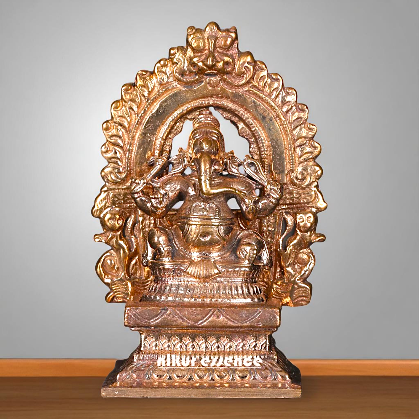 Bronze Ganesha Seated on kirtimukha throne with Four Armed statue - 3 Inches Nikuressence