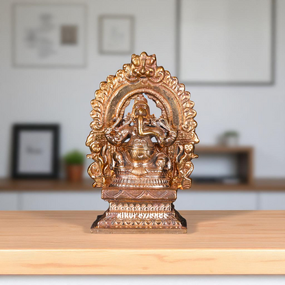 Bronze Ganesha Seated on kirtimukha throne with Four Armed statue - 3 Inches Nikuressence