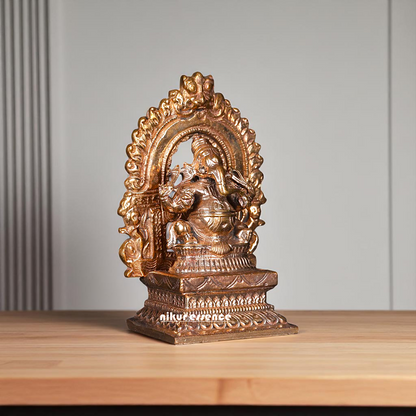 Bronze Ganesha Seated on kirtimukha throne with Four Armed statue - 3 Inches Nikuressence