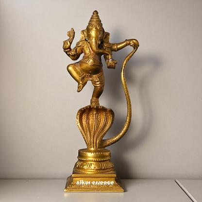 Ganesha Ganpati Dancing on sheshnag with Blessing Bronze/Panchaloha idol - 9 Inches Nikuressence