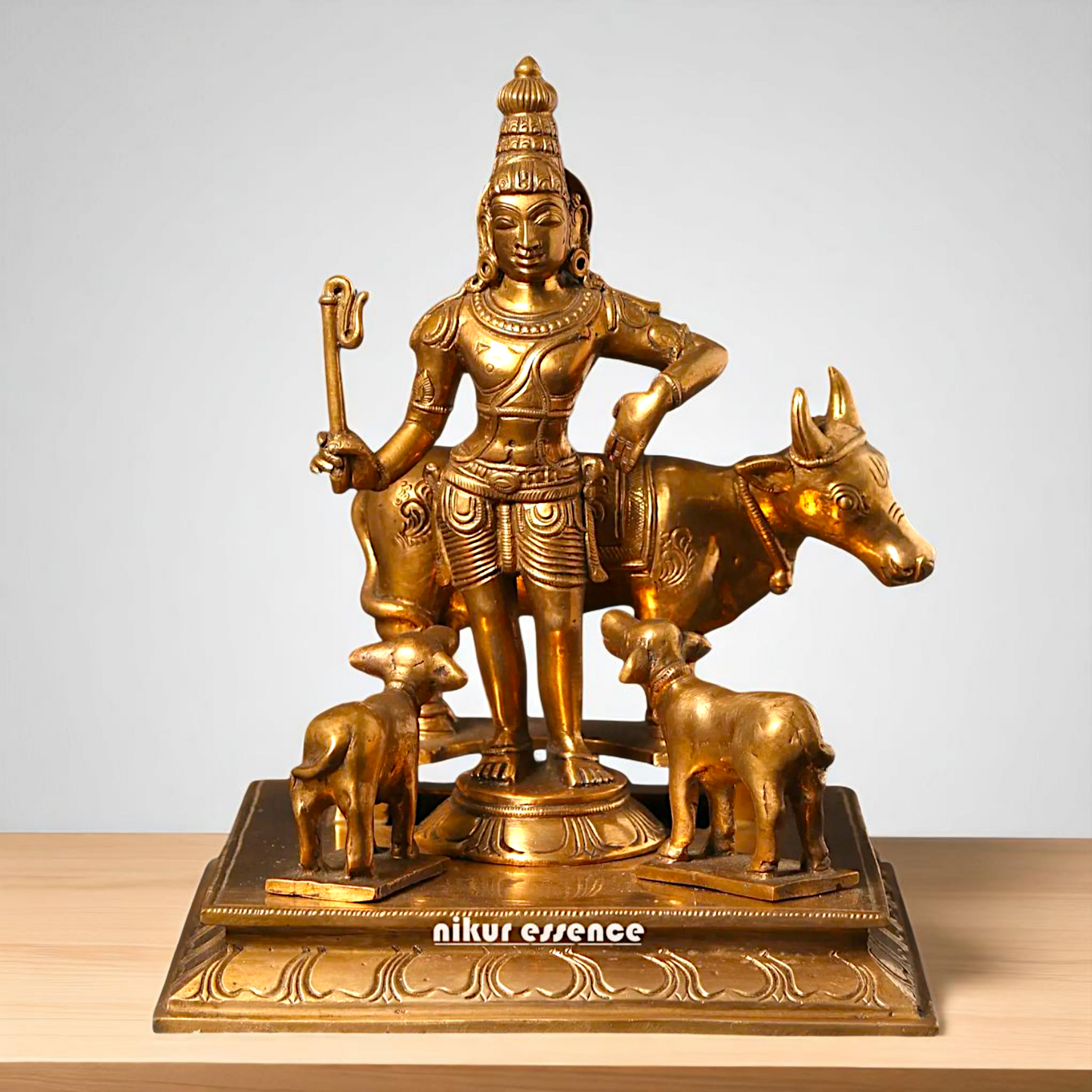 Shree Krishna with Cow and calf standing Bronze/Panchaloha idol - 8 Inches Nikuressence