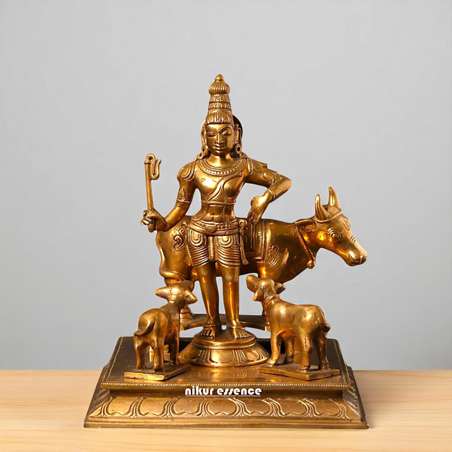 Shree Krishna with Cow and calf standing Bronze/Panchaloha idol - 8 Inches Nikuressence