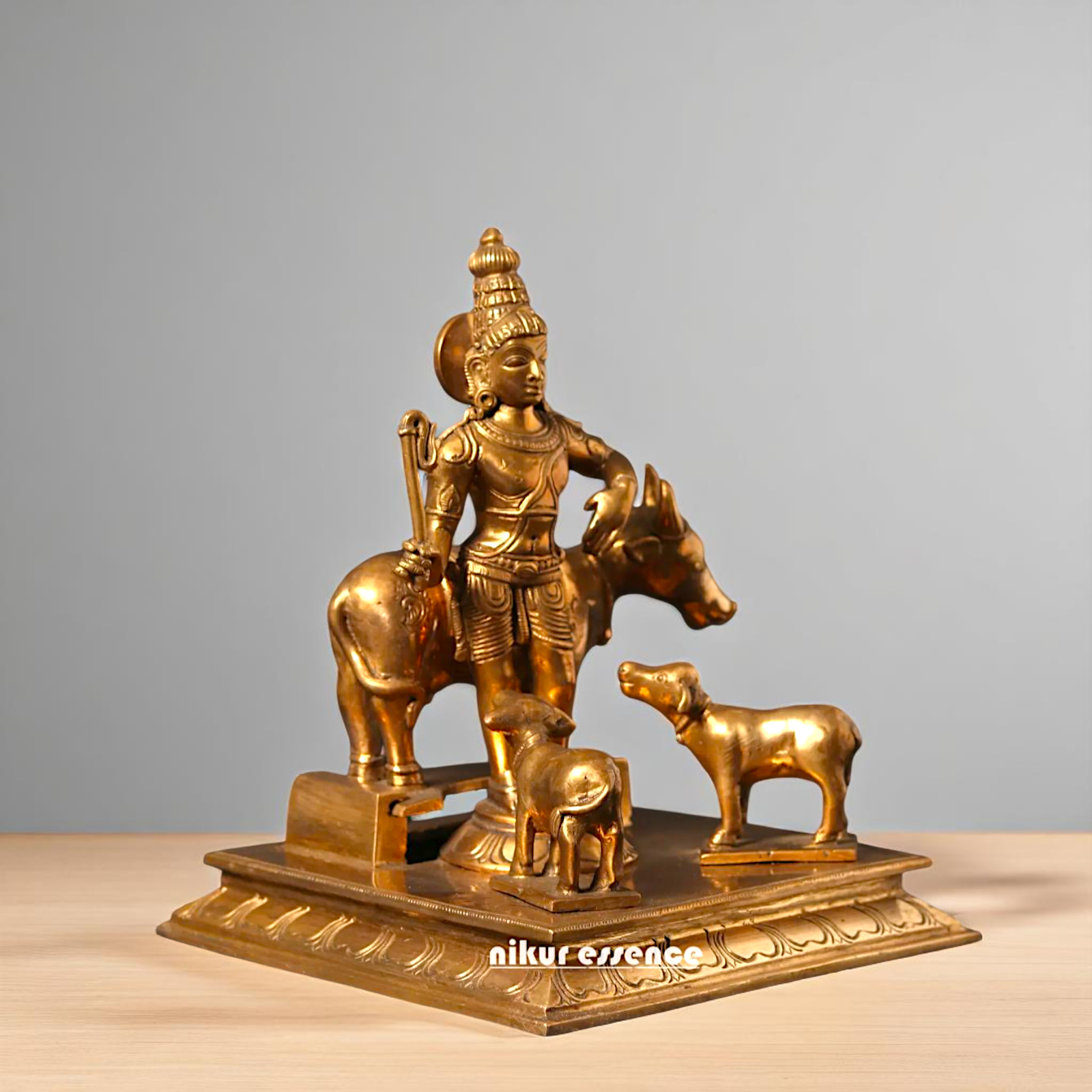 Shree Krishna with Cow and calf standing Bronze/Panchaloha idol - 8 Inches Nikuressence