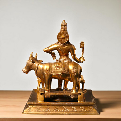 Shree Krishna with Cow and calf standing Bronze/Panchaloha idol - 8 Inches Nikuressence