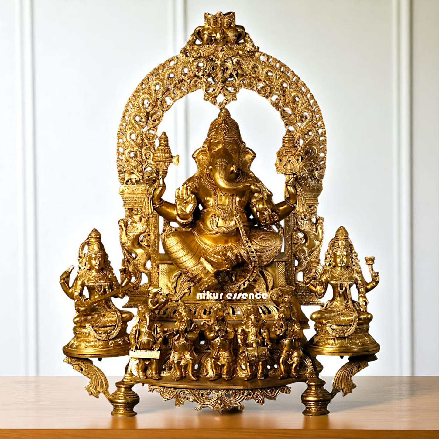 Big Ganesha seated with Lakshmi Maa Saraswati and Ganesha musician Bronze/Panchaloha idol - 37 Inches Nikuressence