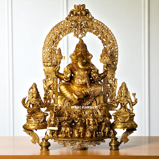 Big Ganesha seated with Lakshmi Maa Saraswati and Ganesha musician Bronze/Panchaloha idol - 37 Inches Nikuressence