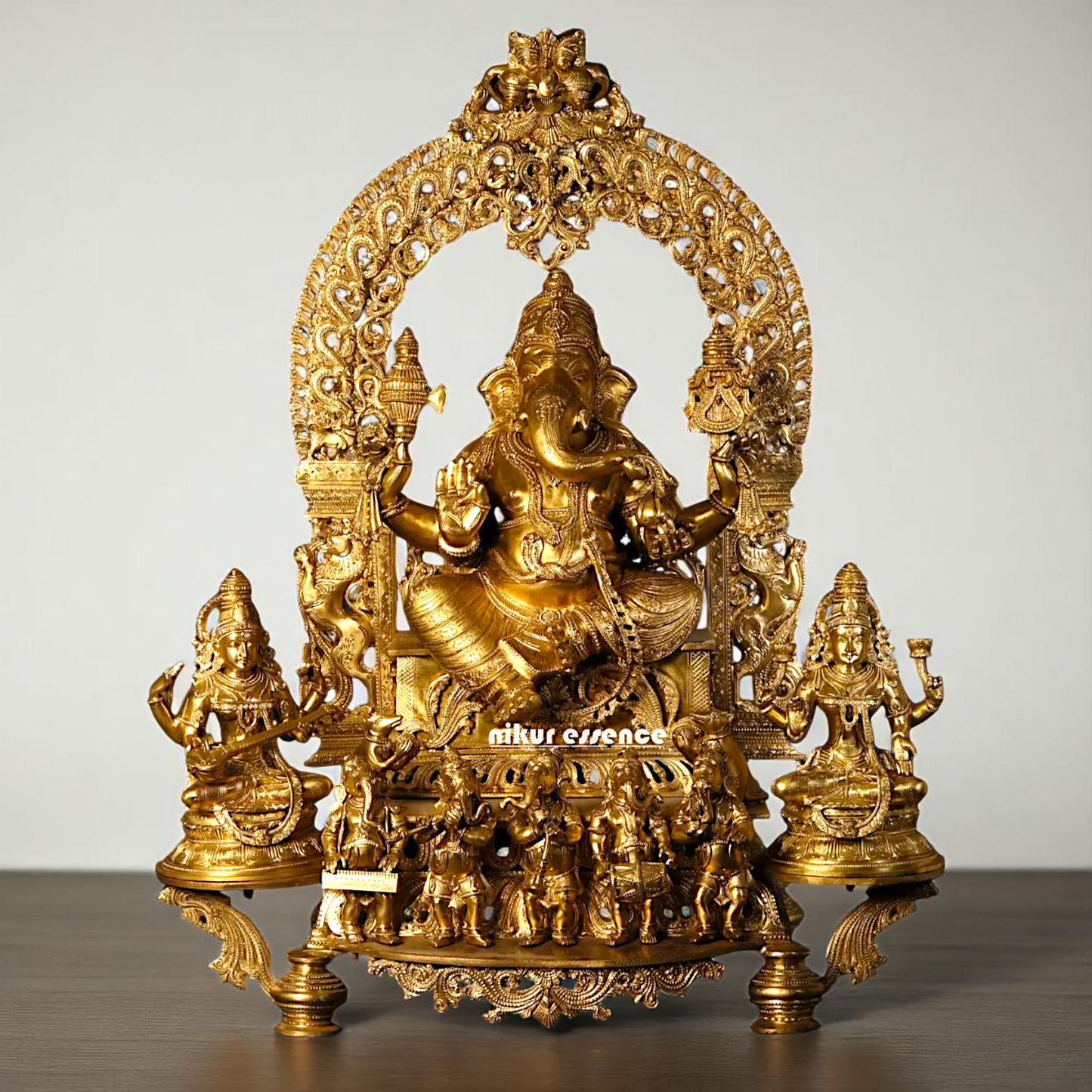 Big Ganesha seated with Lakshmi Maa Saraswati and Ganesha musician Bronze/Panchaloha idol - 37 Inches Nikuressence