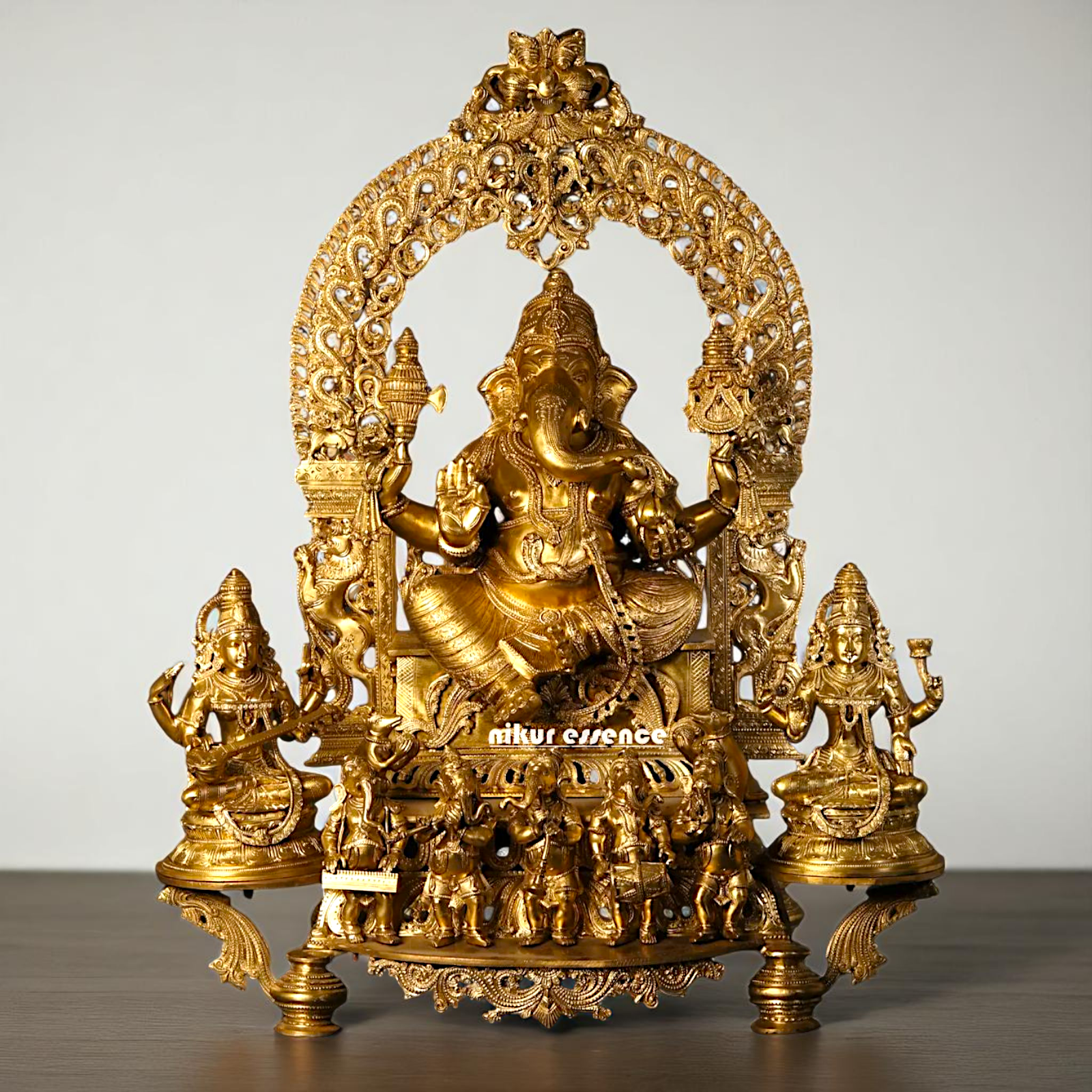 Big Ganesha seated with Lakshmi Maa Saraswati and Ganesha musician Bronze/Panchaloha idol - 37 Inches Nikuressence