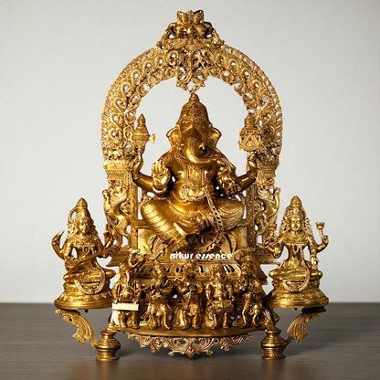 Big Ganesha seated with Lakshmi Maa Saraswati and Ganesha musician Bronze/Panchaloha idol - 37 Inches Nikuressence