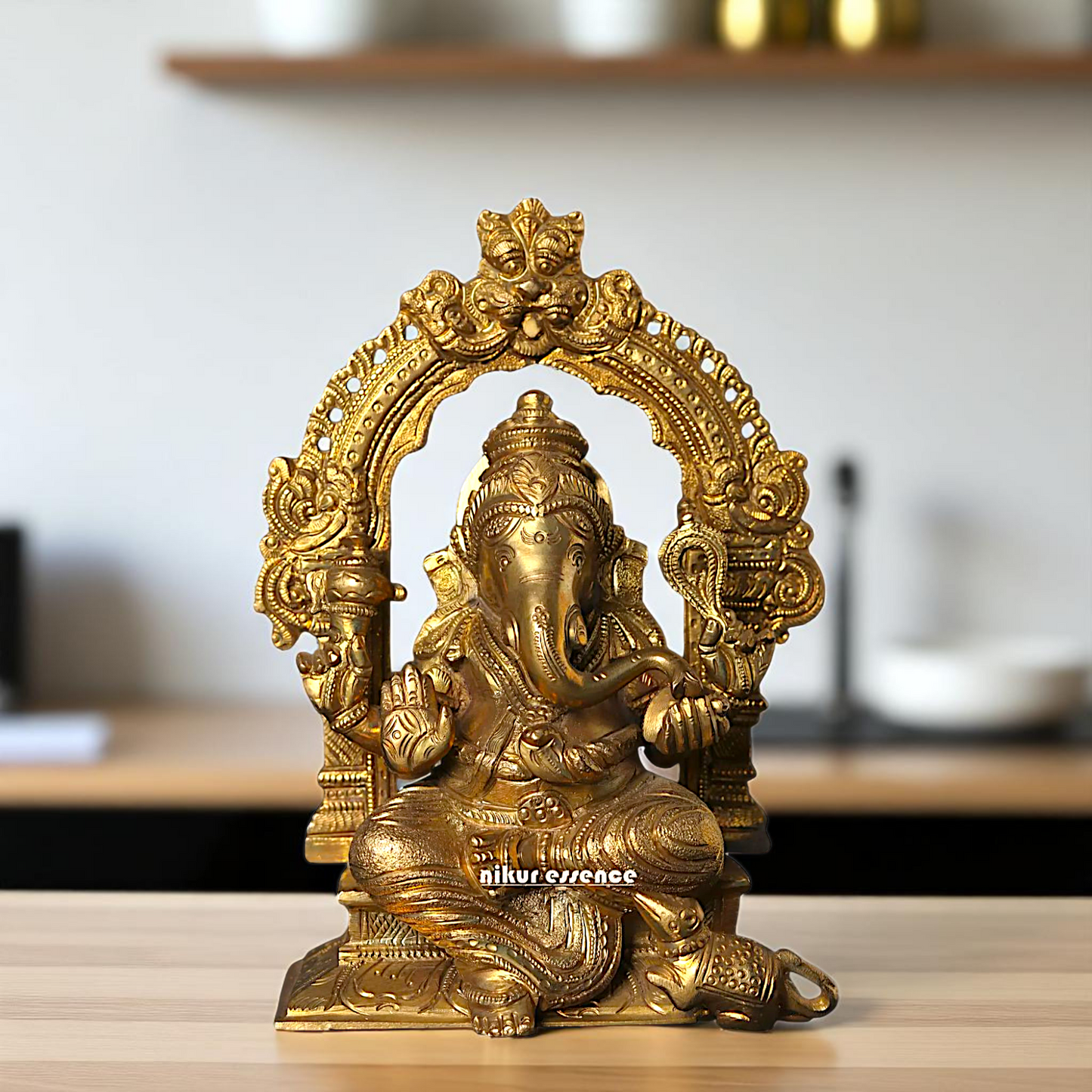 Lord Ganesha Vinayaka Seated on throne kirtimukha with Blessing Bronze/Panchaloha idol - 7 Inches Nikuressence