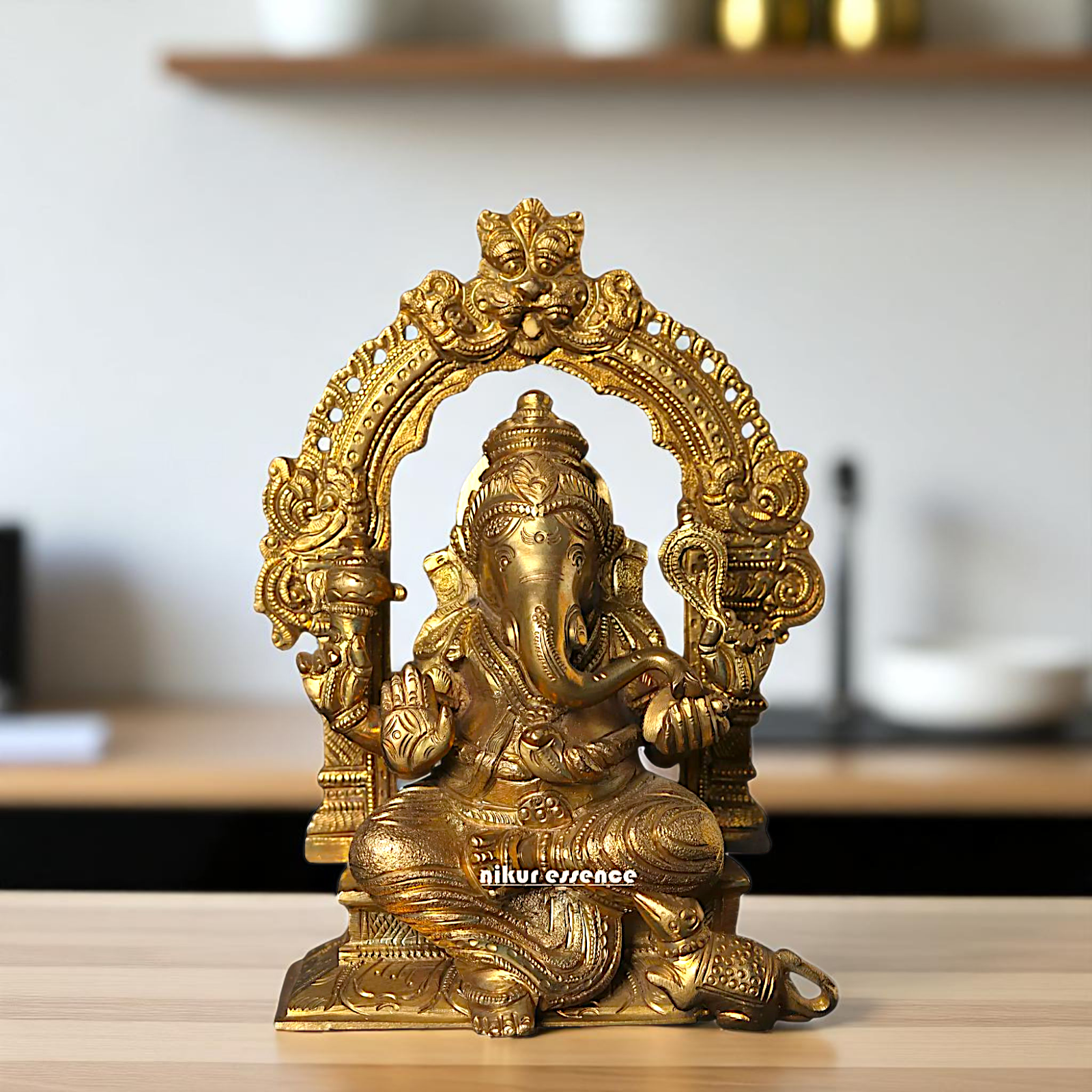 Lord Ganesha Vinayaka Seated on throne kirtimukha with Blessing Bronze/Panchaloha idol - 7 Inches Nikuressence